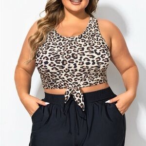 Plus Size Leopard Print Knotted Crop Bikini Top Size 24-26